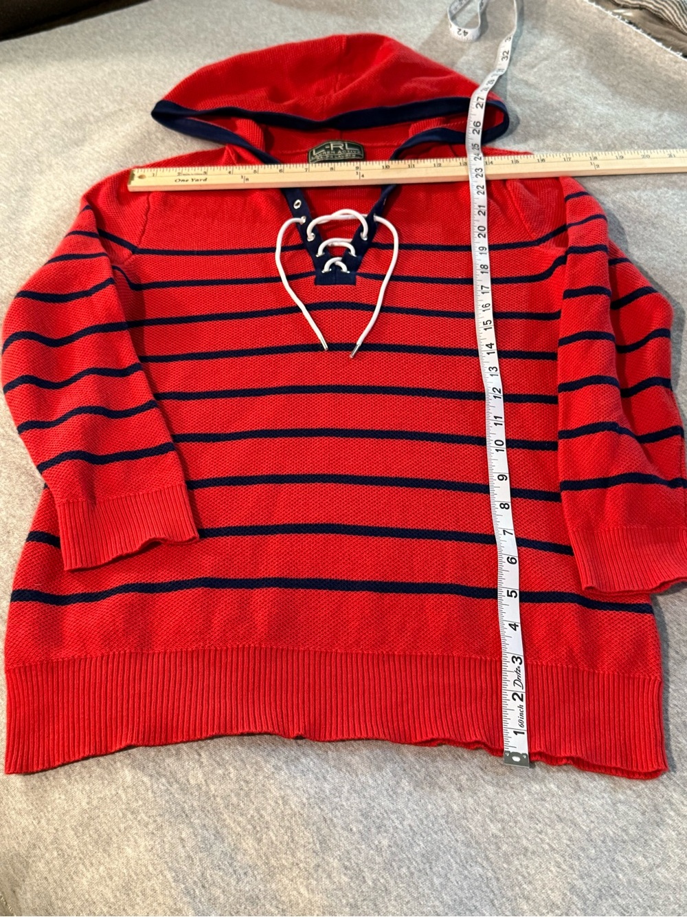 Lauren Active Ralph Lauren Red & Navy Striped Hooded Lace-Up Sweater Size L